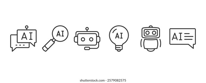 Ai related line icons set, chat bot, voice assistant, vector eps10 illustration