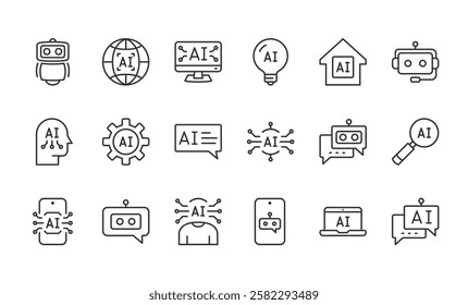 Ai related line icons set, chat bot, voice assistant, ai technology, vector eps10 illustration