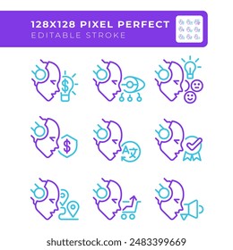 AI related two color line icons set. Applications of artificial intelligence. Machine learning. Robot heads bicolor outline iconset isolated. Duotone pictograms thin linear. Editable stroke