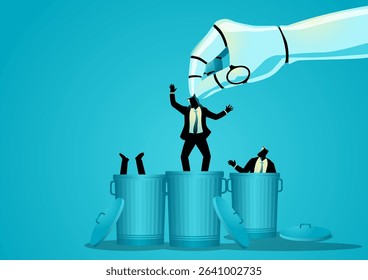 AI Replacing Human Workers, robot hand throwing businessmen in trash bin
