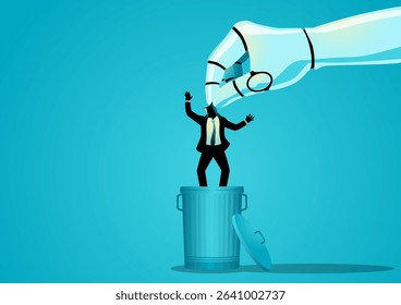 AI Replacing Human Workers, robot hand throwing businessman in trash bin