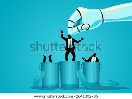 AI Replacing Human Workers, robot hand throwing businessmen in trash bin