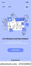 AI pesquisa conceito de análise de dados com pessoas interagindo em torno fluxograma e ícones azul fundo celular tela do aplicativo minimalista