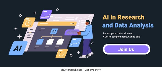 AI research data analysis concept with person interacting with digital interface charts graphs and flowcharts on dark background website banner
