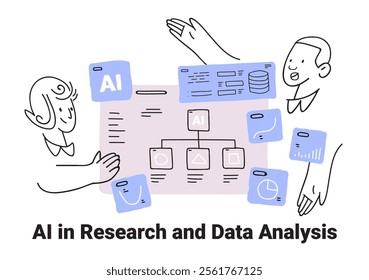 AI in research and data analysis concept with people interacting around flowcharts graphs and icons in thin line style
