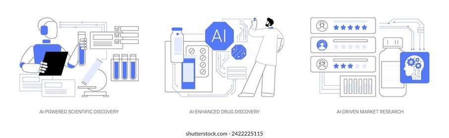 AI in Forschung und Entwicklung abstraktes Konzept Vektorgrafik Set. AI-Powered Scientific Discovery, Medizin und Wissenschaft, neue Drug Discovery und Analyse, Marktforschung abstrakte Metapher.