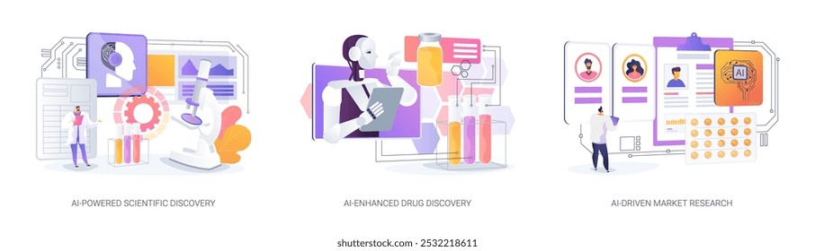 AI in Research and Development abstract concept vector illustration set. AI-Powered Scientific Discovery, medicine and science, new Drug Discovery and analysis, Market Research abstract metaphor.