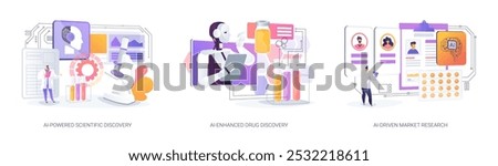 AI in Research and Development abstract concept vector illustration set. AI-Powered Scientific Discovery, medicine and science, new Drug Discovery and analysis, Market Research abstract metaphor.