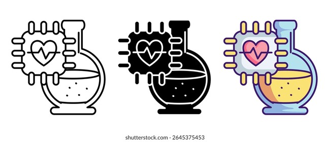 AI research lab icon represented by heartbeat chip, potion Line, Filled, Color style.