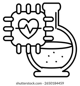 AI research lab icon represented by heartbeat chip, potion Line style.