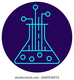AI research lab icon. Vector pictogram with thin lines on a round dark blue background. Illustration symbolizing artificial intelligence experiments, neural networks, and digital innovation