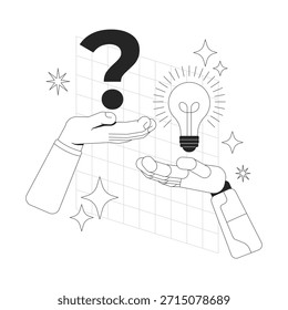 AI research line onboarding ui illustration. Artificial intelligence problem-solving. Human question, robotic hand with lightbulb solution outline 2D concept isolated. Ink linear metaphor vector art