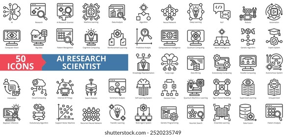 Conjunto de colección de ícono de científico de investigación de IA. Contiene inteligencia artificial, aprendizaje automático, análisis de datos, algoritmo, red neuronal, profundo, icono nlp. Ilustración vectorial de línea simple.