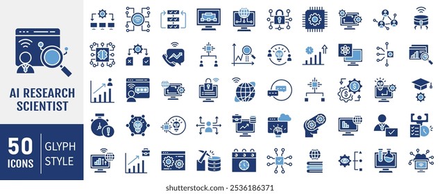 Coleção de ícones de cientistas de pesquisa de IA. Contendo inteligência artificial, aprendizagem automática, algoritmo, ícone de análise de dados. Ilustração de vetor de linha simples.