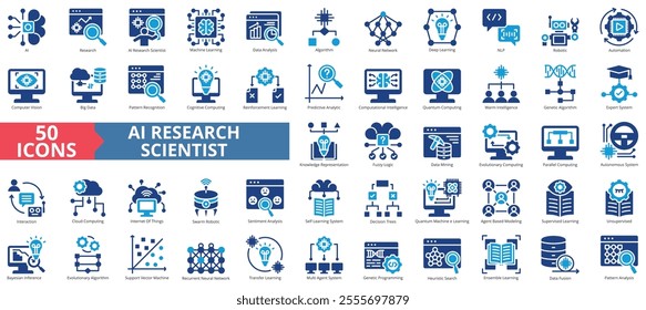 AI research scientist icon collection set. Containing artificial intelligence, machine learning, data analysis, algorithm, neural network, deep, nlp icon. Simple flat vector illustration.