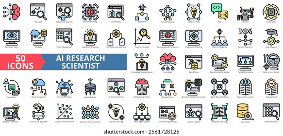 AI research scientist icon collection set. Containing artificial intelligence, machine learning, data analysis, algorithm, neural network, deep, nlp icon. Simple flat outline vector illustration