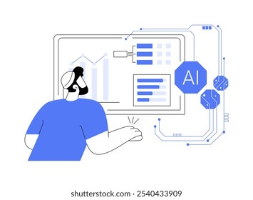 Cientista de pesquisa em IA isolou ilustrações vetoriais de desenhos animados. O cientista de pesquisa da IA lida com aprendizado de máquina, engenheiro de computação, tecnologia de TI, trabalhando com desenhos vetoriais de big data.