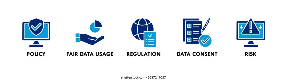 AI Responsibility banner web icon vector illustration concept with icons of policy, fair data usage, regulation, data consent, and risk