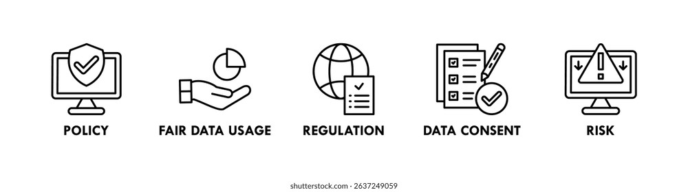 AI Responsibility banner web icon vector illustration concept with icons of policy, fair data usage, regulation, data consent, and risk