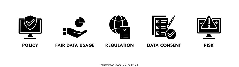 AI Responsibility banner web icon vector illustration concept with icons of policy, fair data usage, regulation, data consent, and risk