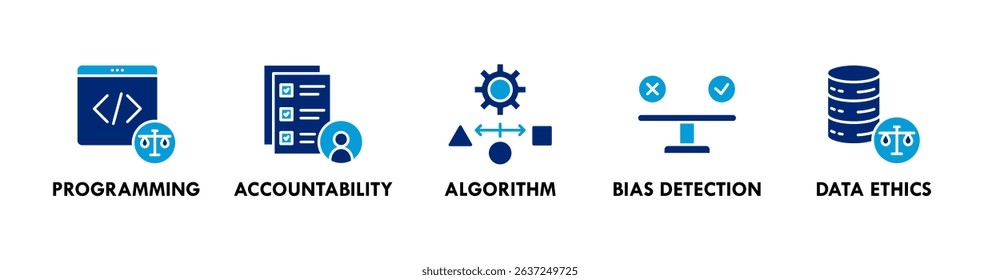 AI Responsibility banner web icon vector illustration concept with icons of programming, accountability, algorithm, bias detection, and data ethics