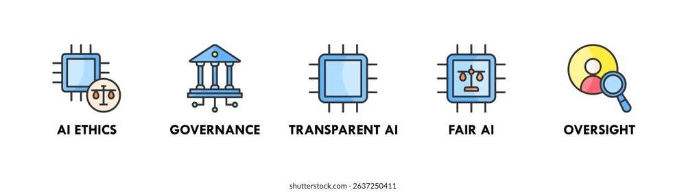 AI Responsibility banner web icon vector illustration concept with icons of ai ethics, governance, transparent ai, fair ai, and oversight