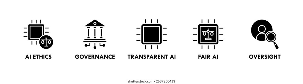 AI Responsibility banner web icon vector illustration concept with icons of ai ethics, governance, transparent ai, fair ai, and oversight