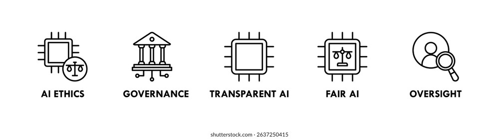 AI Responsibility banner web icon vector illustration concept with icons of ai ethics, governance, transparent ai, fair ai, and oversight