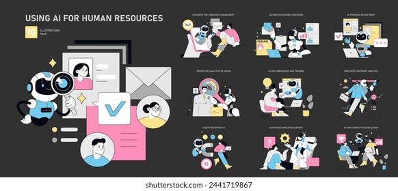 AI Revolution in HR set. Innovative recruitment, resume filtering, and employee training using AI. Enhancing talent sourcing and retention with technology. Vector illustration.