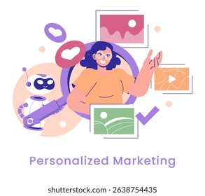 AI revolutionizes marketing strategies through personalized approaches. This illustration features a character engaging with technology and creative visual elements, showcasing advancements in