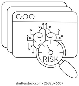 Ícone de avaliação de risco da IA. Pictograma vetorial com linhas finas pretas sobre fundo transparente. Espessura editável do traçado. Perfeito para segurança de IA, análise de riscos e avaliação de redes neurais