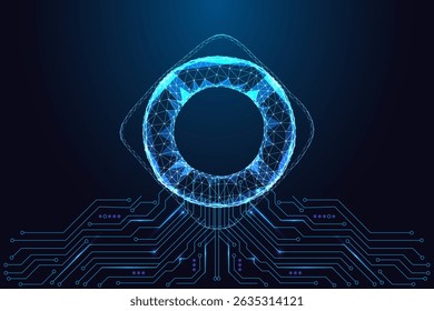 AI risk management and ethical artificial intelligence concept with glowing polygonal lifesaver ring connected to circuit board on dark blue background. Futuristic low poly style, vector illustration.