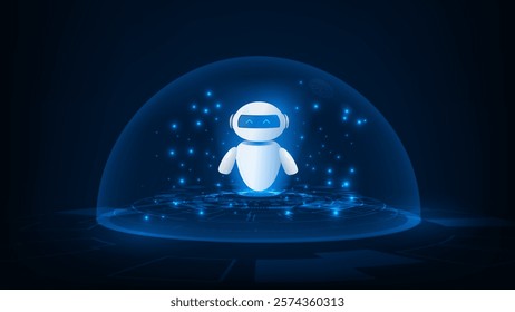 AI roboot in blue bubble over tech circle, chatbot assistant concept for business.