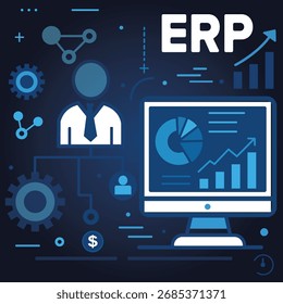 Robô AI Analisando o Sistema ERP em uma Tela Virtual, Planejamento de Recursos Empresariais