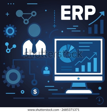 AI Robot Analyzing ERP System on a Virtual Screen, Enterprise Resource Planning