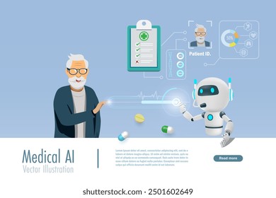 AI robot analyzing patient data and generates personalized medicine for senior patient. Implement of artificial intelligence technology, robotic science research for medical and pharmaceutical. Vector