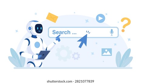 AI Robot Analyzing and Pointing to Website Search Bar for SEO Optimization Voice Query Experience and Customer Support Keyword Research and User Intent Marketing Strategy Flat Vector Illustration