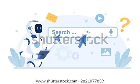 AI Robot Analyzing and Pointing to Website Search Bar for SEO Optimization Voice Query Experience and Customer Support Keyword Research and User Intent Marketing Strategy Flat Vector Illustration