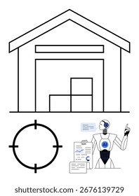 AI robot analyzing reports, targeting a warehouse with stacked boxes. Ideal for logistics, supply chain management, AI technology, data analysis, warehousing, automation innovation. Line metaphor