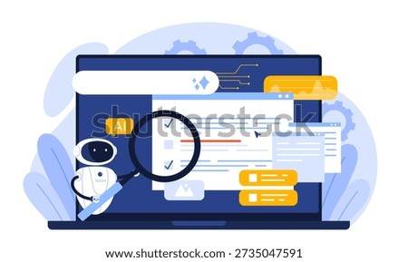AI robot analyzing search engine results with magnifying glass, enhancing content visibility and SEO strategies for digital platforms vector illustration