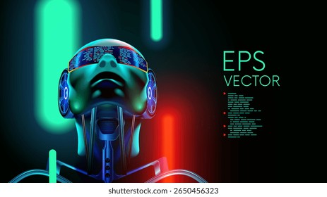 AI. A robot with artificial intelligence or a cyborg in the concept of a human face or head with electronic parts. Artificial General Intelligence or AGI. Cyborg head, looking up. Sci-fi vector.