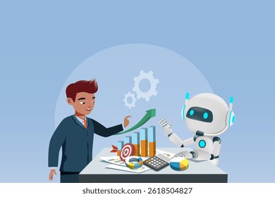 O robô AI ajuda o empresário a analisar o gráfico de dados empresariais e o relatório. Tecnologia de inovação de IA como assistente inteligente na análise de dados empresariais para desenvolver uma solução inteligente. Vetor.