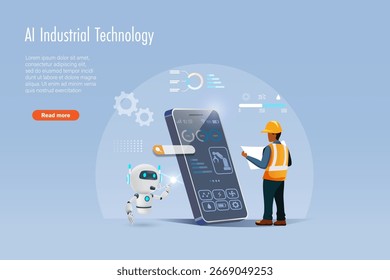 El robot de IA asiste al hombre de ingeniería para monitorear y controlar las redes industriales del tablero en el teléfono inteligente. Inteligencia Artificial Innovación tecnológica en manufactura e industria. Vector.