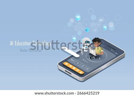 AI robot assist kid doing homework on smartphone. Student using artificial intelligence technology develop smart data analyzing and research. Education innovation technology. 3D Vector.