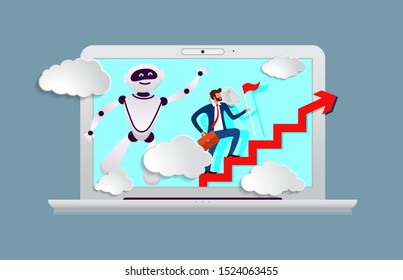AI robot assistant chat gpt bot in business from screen of laptop prompts head direction for movement to success