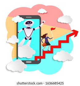 AI robot assistant chat gpt bot in business from screen of mobile device prompts head direction for movement to success