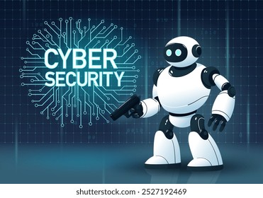 Asistente de robot de IA para seguridad cibernética. Inteligencia artificial sosteniendo pistola en mano. Texto brillante rodeado de circuitos digitales. Microchips y red neuronal. Concepto de Web de seguridad. Ilustración vectorial.