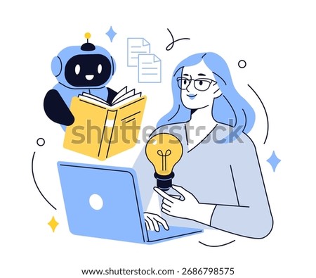 Ai robot assistant holding book and learning from data. Large language model training, neural network, algorithm optimization concept. Vector illustration.