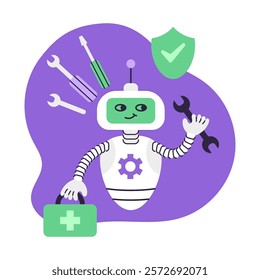 AI Robot assistant holds wrench and first aid kit. Concept of digital security and technical support. Isolated vector illustration.