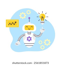 AI Robot assistant points at light bulb. Artificial Intelligence Data Analytics. Business and Education Concept. Isolated vector illustration.